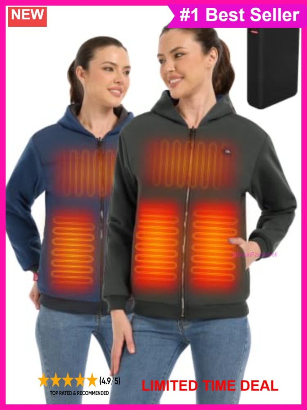 Reversible Heated Hooded Jacket Polyester Fleece Windproof Outdoor Coat